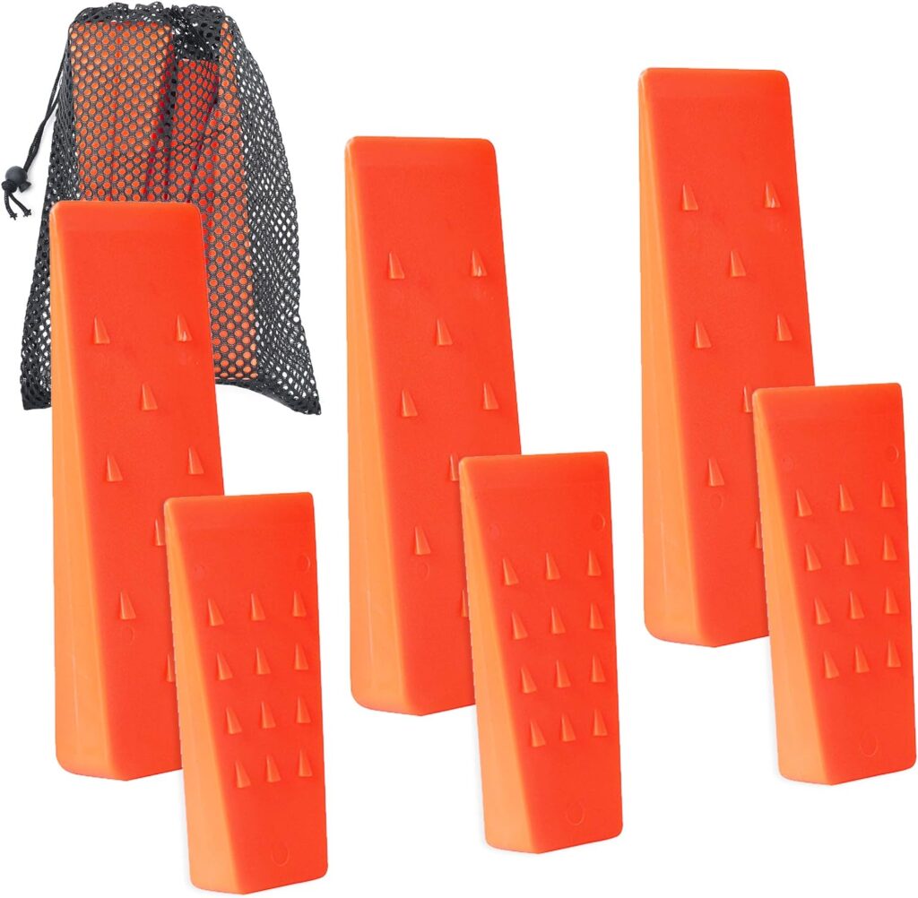 6 Pack Tree Felling Wedges with Spikes for Safe Tree Cutting – 3 Each of 8” and 5.5” Wedges with Storage Bag; 6 Felling Dogs to Guide Trees Stabilize and Safely to Ground for Loggers and Fallers