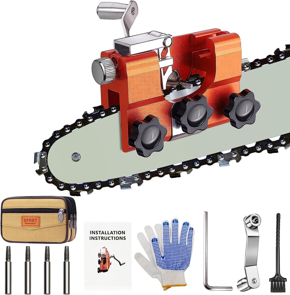 Chainsaw Sharpener, Hand-Cranked Chainsaw Sharpening Jig Kit with 4 burrs, Portable Chainsaw Sharpening Tool with Storage Bag, Cleaning Brush and Gloves, for All Kinds of Chain Saws and Electric Saws