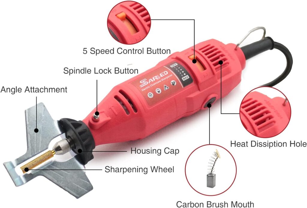 SARRED Electric Chainsaw Sharpener Kit, Handheld Portable 180W Power Chain Saw Sharpen Tool Set, Multi-Purpose Blade Sharpening File with 58 Accessories for Chain Sharpening, Crafting Projects